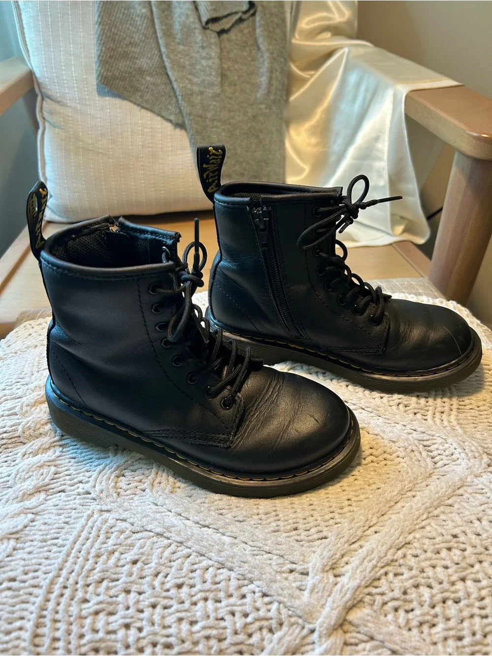 Doc Martens Black Leather Lace-Up Combat Boots with Side Zip- Girls size 1